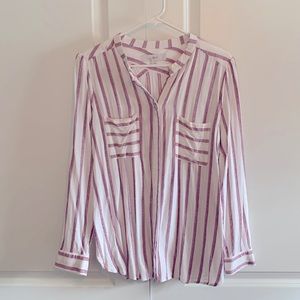 Ann Taylor LOFT White Red Navy Striped Button Down Blouse - Sz Large